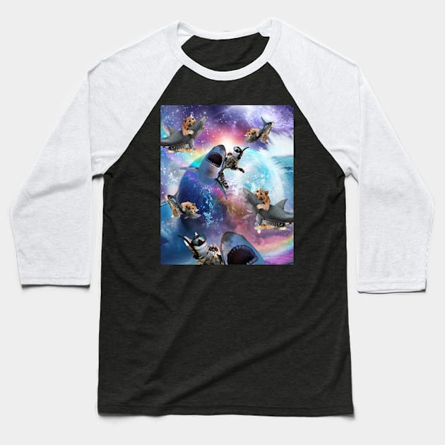 Space Cat Riding Shark, Galaxy Rainbow Cats On Sharks Baseball T-Shirt by Random Galaxy